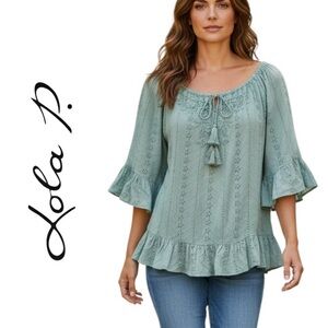Lola P Lola Embroidered Sage Peasant Top Large Tassel Tie NWT